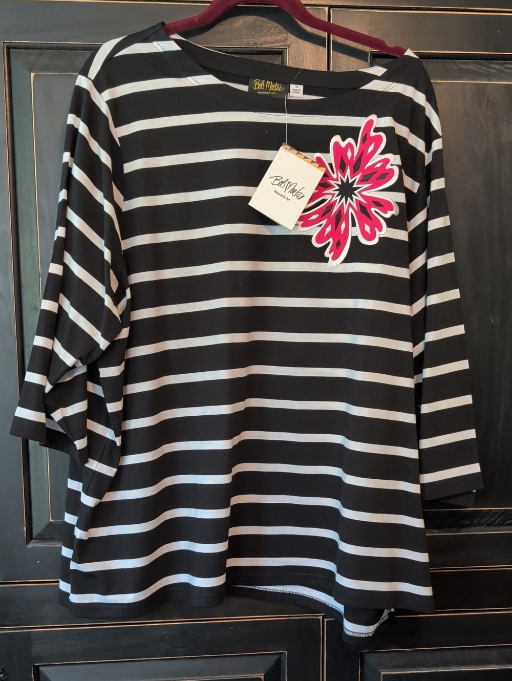 Bob Mackie Black & White Striped Tunic with Bright Pink Floral Applique ** NWT**